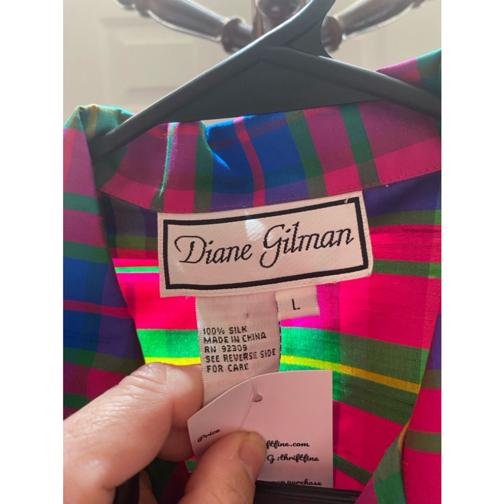Women's Diane Gilman Pink Green Plaid Blouse Size L - Picture 2 of 8